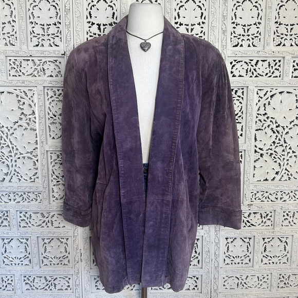Vtg Lord & Taylor Dusty Purple Pig Suede Leather Oversized Open Blazer Jacket - Picture 1 of 10